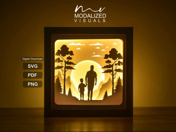 Father Son Mountain Lightbox Papercut: 3D SVG for Shadow Boxes
