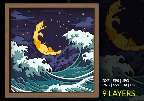Great Wave Moon 3D SVG for Shadow Boxes