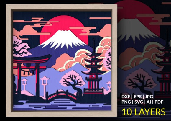 Japanese Pagoda Mount Fuji 3D SVG Shadow Boxes