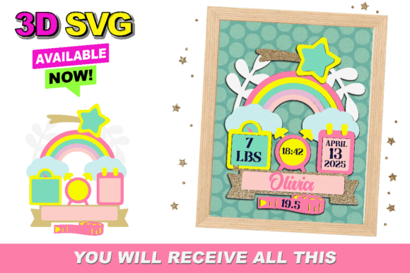 Rainbow Birth Stats 3D SVG for Baby Branding
