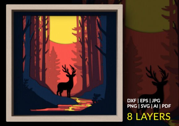 Sunset Deer Forest Shadow Box: 3D SVG for Branding