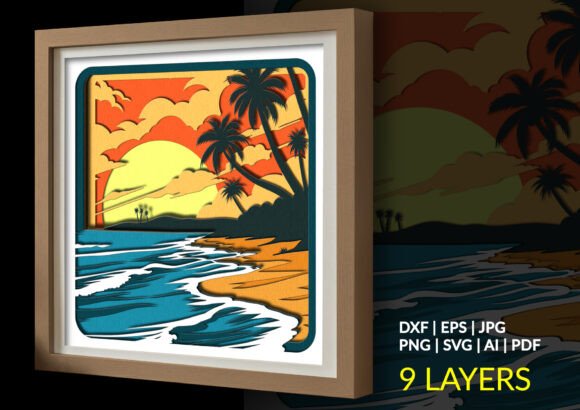 Tropical Beach Sunset 3D SVG for Shadow Boxes
