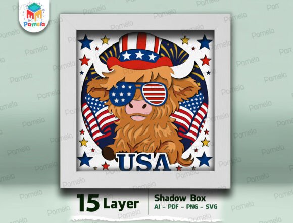 USA Highland Cow Shadow Box SVG: A 3D Independence Day Asset